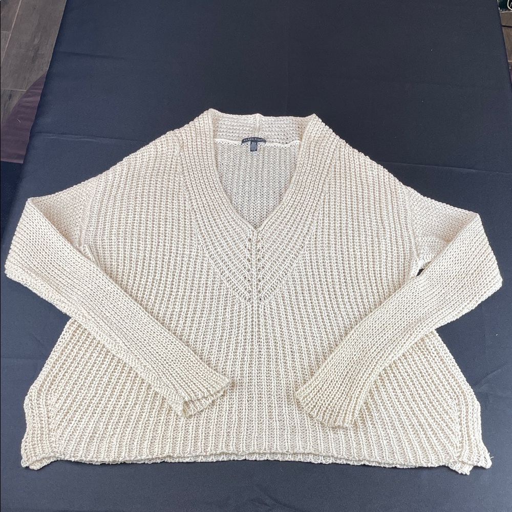 Eileen Fisher Ecru cream V-Neck Sweater cotton linen blend cable knit size large
